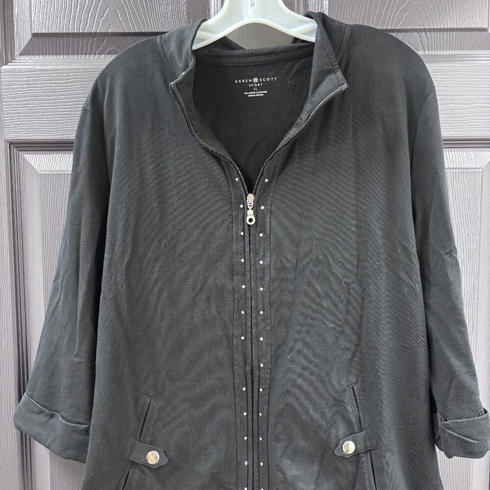 Karen Scott Sport XL Black Zip Jacket Stud Detail Stretch Cotton